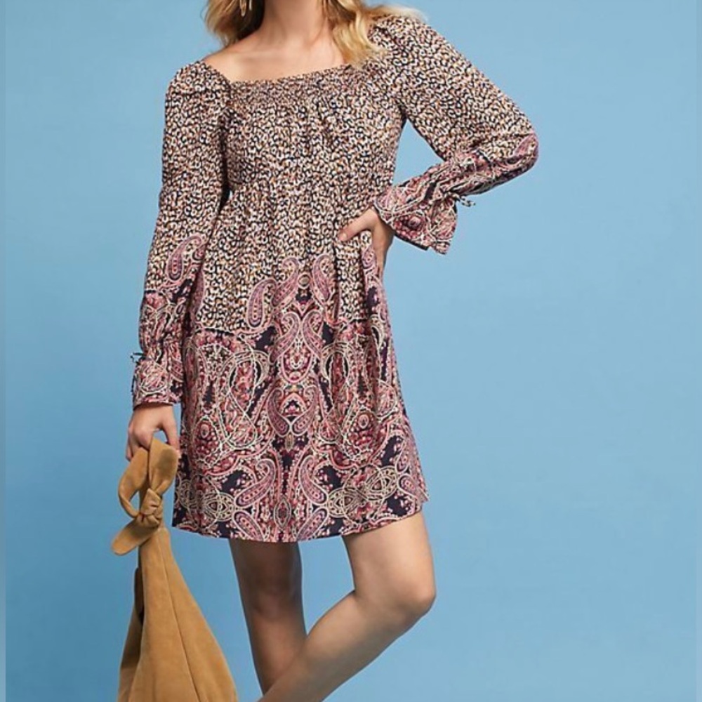 Maeve Womens Medium Milou Dress Paisley Leopard Babydoll Boho‎ Tunic Vacation
